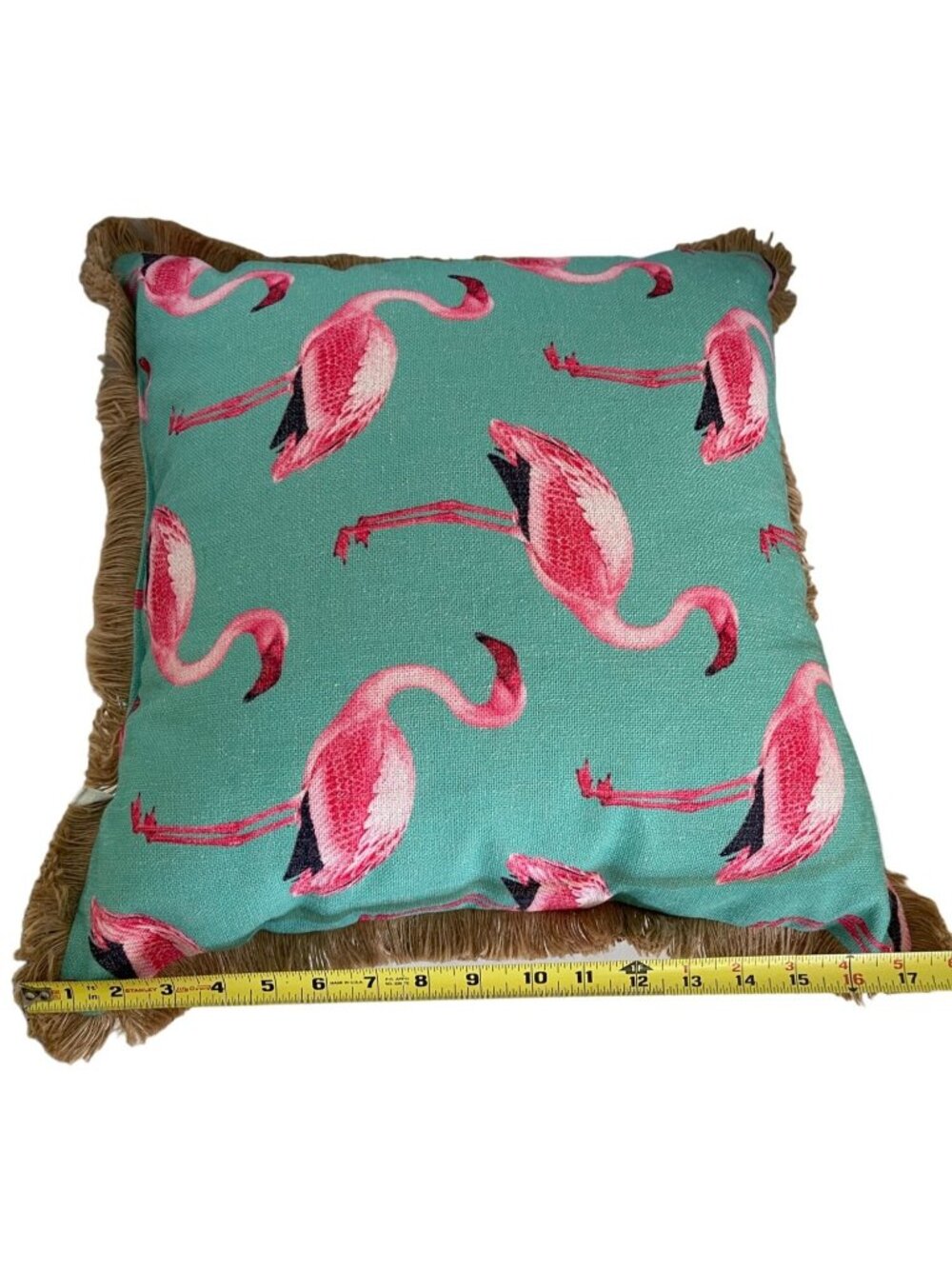 NEWPORT 18x18 Pink Flamingo Throw Pillow Cushion Aqua Turquoise Coastal Fringe - Picture 9 of 9